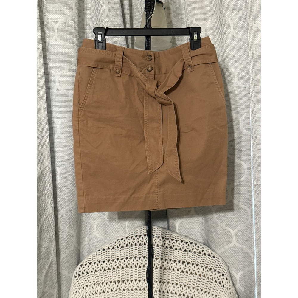 Lands' End Women 2 Tan Cotton Chino Mini Skirt Tie Waist Pockets Camel Brown